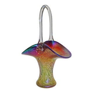 Josef Rindskopf Pepita Iridescent Art Nouveau Bohemian Glass Basket Vase c.1905 For Sale