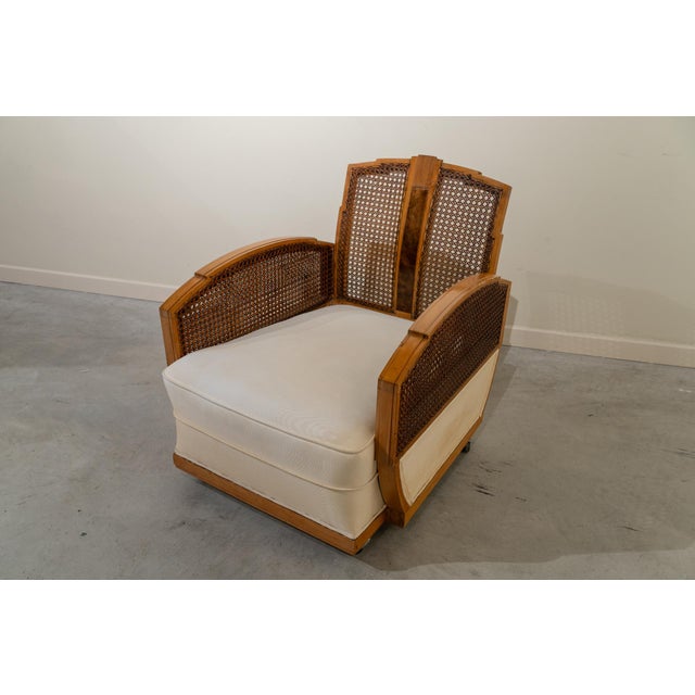 Art Deco Armchairs in Cane and Fabric, France, 1930s, Set of 2 For Sale - Image 6 of 12