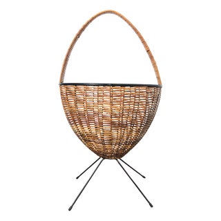 Vintage Italian Wicker and Metal Magazine Rack, 1960s For Sale