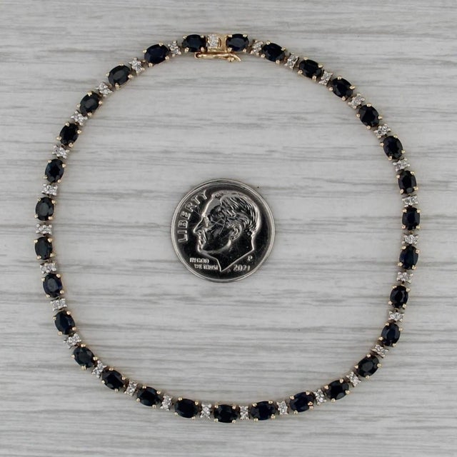 2010s 7.68ctw Blue Sapphire Diamond Tennis Bracelet 14k Yellow Gold 7.75" 3.4mm For Sale - Image 5 of 6