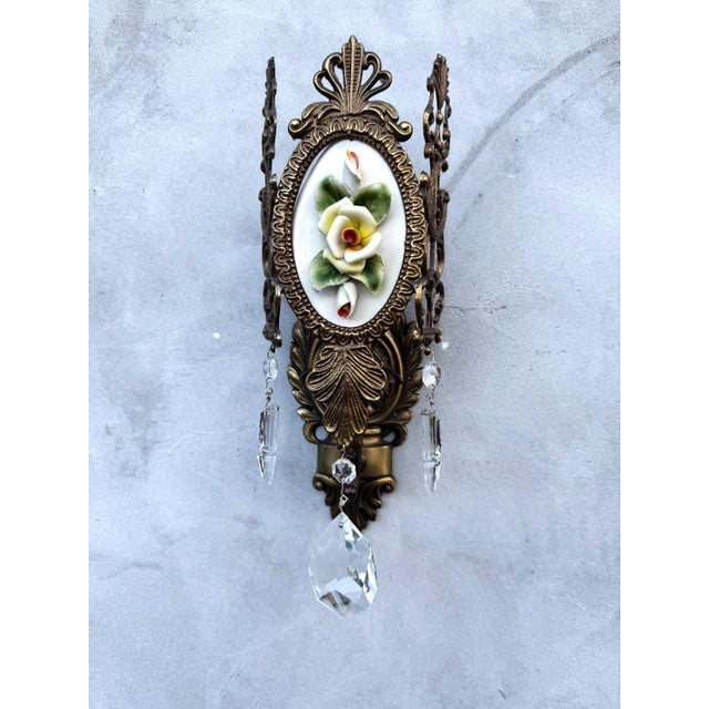 Italian Brass Wall Sconces with Porcelain Roses and Crystal Drops, 1950s, 1920s, Set of 2 For Sale - Image 13 of 16