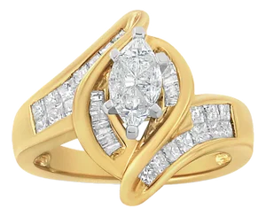 14K Yellow Gold Princess, Baguette, and Pie cut Diamond Marquise Shaped Ring (1 1/4 Cttw, G-H Color, EVS1010