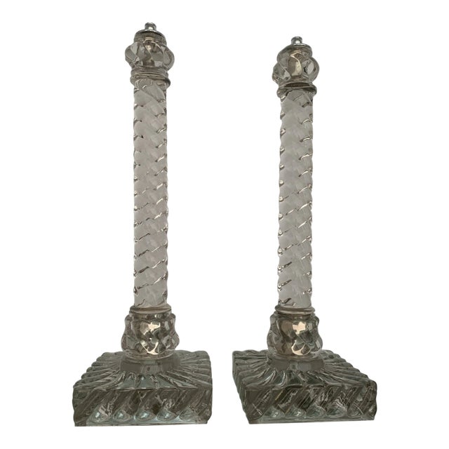 1920's Tall French Classic Crystal Columnar Swirl Pattern Table Lamps by Baccarat a - Pair For Sale