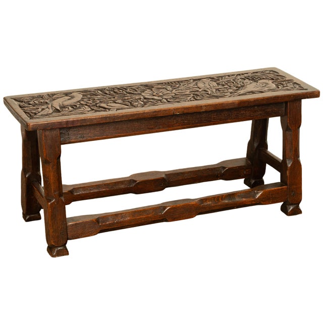 1900 - 1909 Antique English Carved Oak Arts & Crafts Hall Bench Seat 'Birds in a Tree' 1900 For Sale - Image 5 of 14