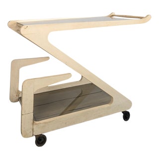 White Lacquered and Smoked Glass Z-Shaped Rolling Serving Cart, 1970s For Sale