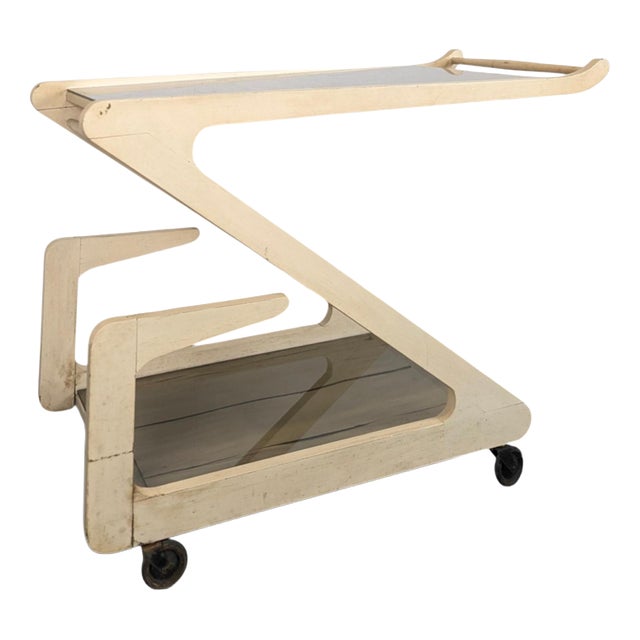 White Lacquered and Smoked Glass Z-Shaped Rolling Serving Cart, 1970s For Sale