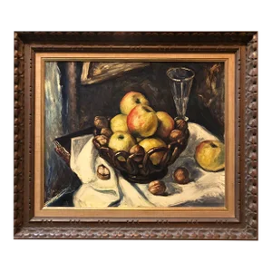 Antique Still Life with Fruit and Nuts Modernist French Oil Painting