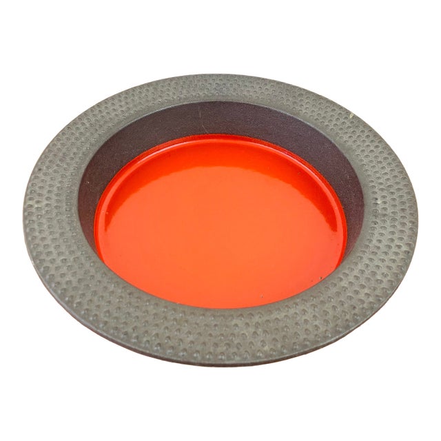 Vintage 1960s Metal & Orange Enamel Catchall Tray by Longborg Denmark / Danish Modern Style For Sale