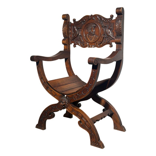 Antique Renaissance Revival Savonarola Chair in Hand-Carved Oak For Sale