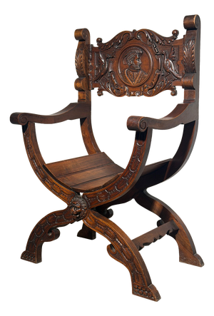 Antique Renaissance Revival Savonarola Chair in Hand-Carved Oak