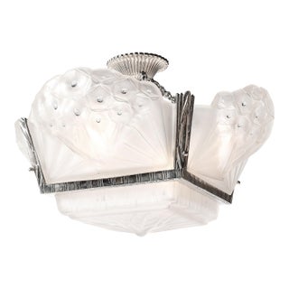 Art Deco Cubist Frosted Glass & Silvered Bronze Chandelier Signed Muller Freres For Sale