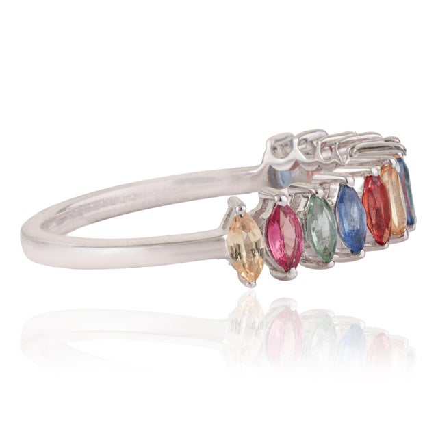 Metal Boho Chic 2.44 Ct Multicolor Sapphire Marquise Band Ring, Size 6 For Sale - Image 7 of 15