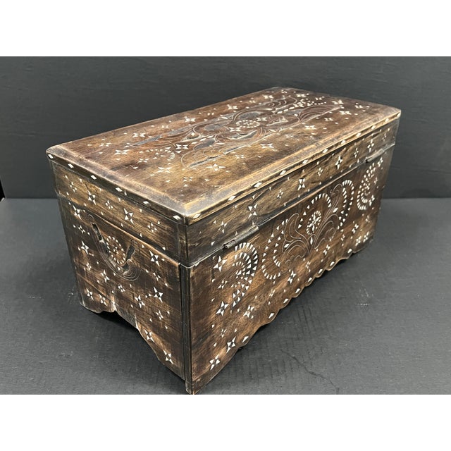 Wood Vintage Mother of Pearl Inlay Wooden Small Box Trunk For Sale - Image 7 of 12