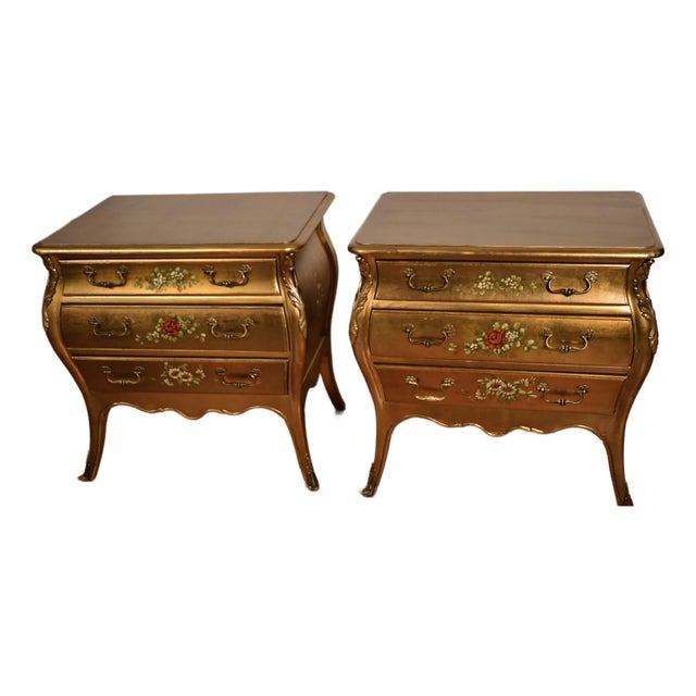 1940 French Style Gold Leaf Fruit Wood Nightstands Bedside Tables For Sale