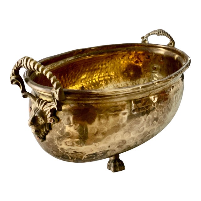 Hammered Brass jardinière with Lion Handle with Paw Feet For Sale