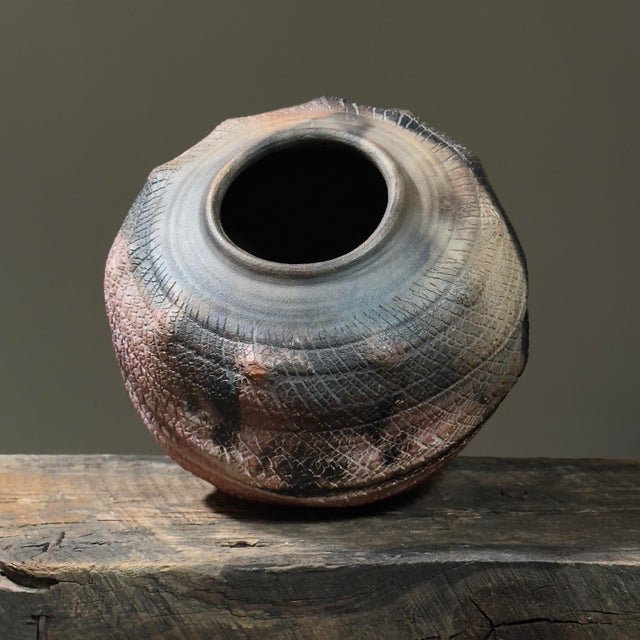 Vintage Postmodern Raku Fired Crackle Skin Ceramic Vessel, Signed For Sale - Image 4 of 11