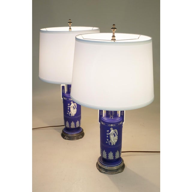 1930s Cobalt Noritake Wedgewood Jasperware Style Neoclassic Art Deco Table Lamps - a Pair For Sale - Image 11 of 15