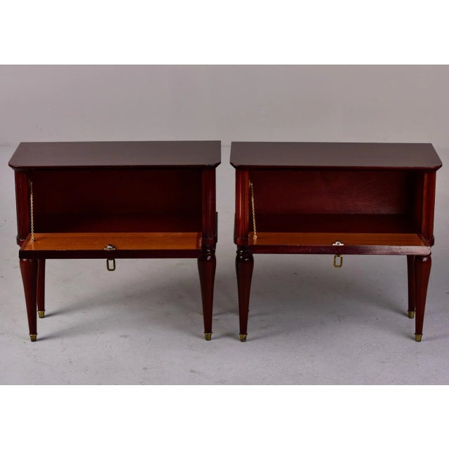 Mid Century Italian Tiger Wood Bedside Chests With Brass Tipped Legs and Hardware - Pair For Sale - Image 4 of 13
