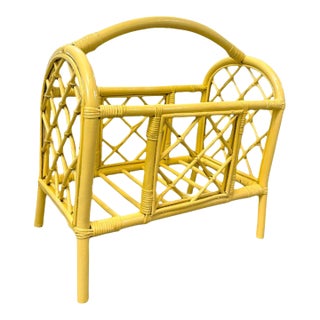 Vintage Rattan Magazine Rack/Lacquered Yellow Finish For Sale