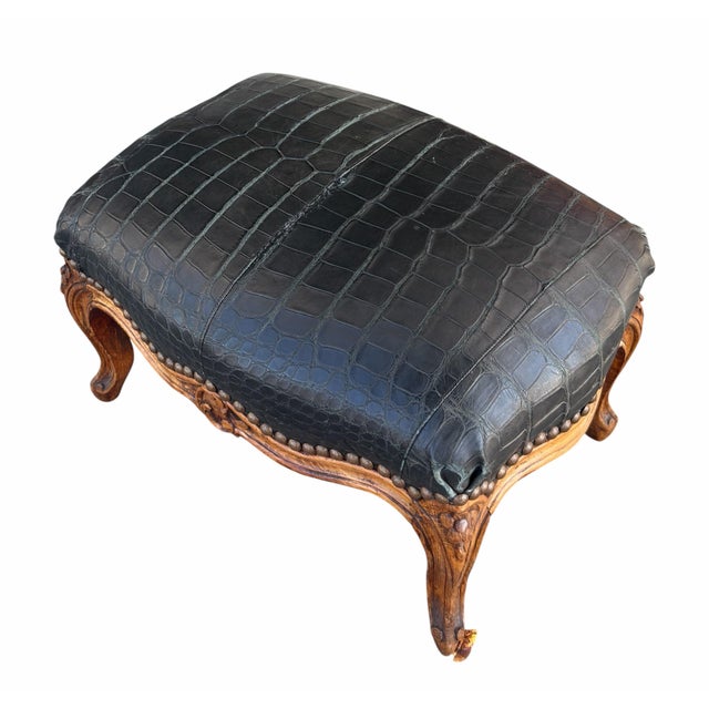 French Provincial Antique Crocodile Leather French Provincial Footstool Ottoman For Sale - Image 3 of 5