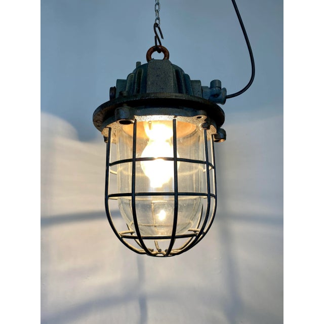 Gray Industrial Cast Iron Cage Pendant Light, 1960s For Sale - Image 12 of 14
