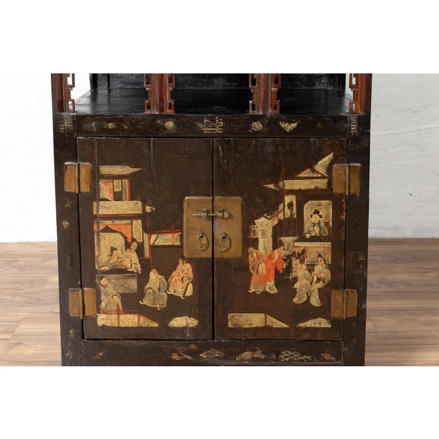 Antique Chinese Display Cabinet with Hand Painted Chinoiserie and Open Shelf For Sale - Image 12 of 13