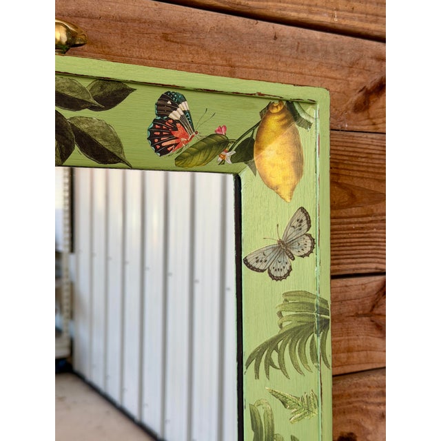 Mid 20th Century Vintage Green Botanical Decoupage Wall Mirror With Tropical Birds and Butterflies For Sale - Image 5 of 12