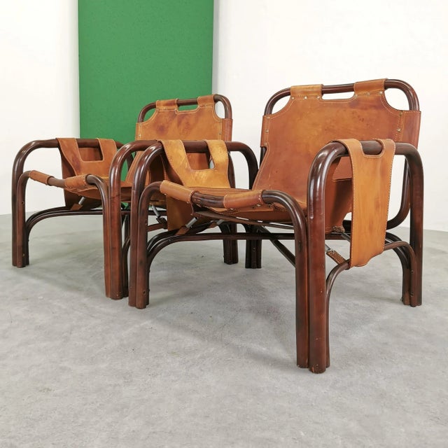 Mid-Century Modern Set of Bamboo and Natural Leather Chairs by Tito Agnoli, 1970s For Sale - Image 3 of 18