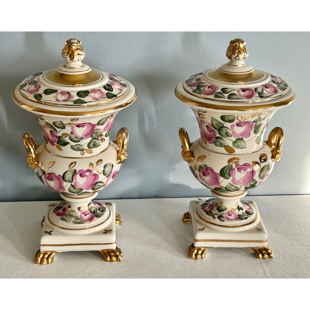 1960s Vtg. Pair of Italian Charleston Line Porcelain Lidded Lamp W/Roses For Sale - Image 5 of 13