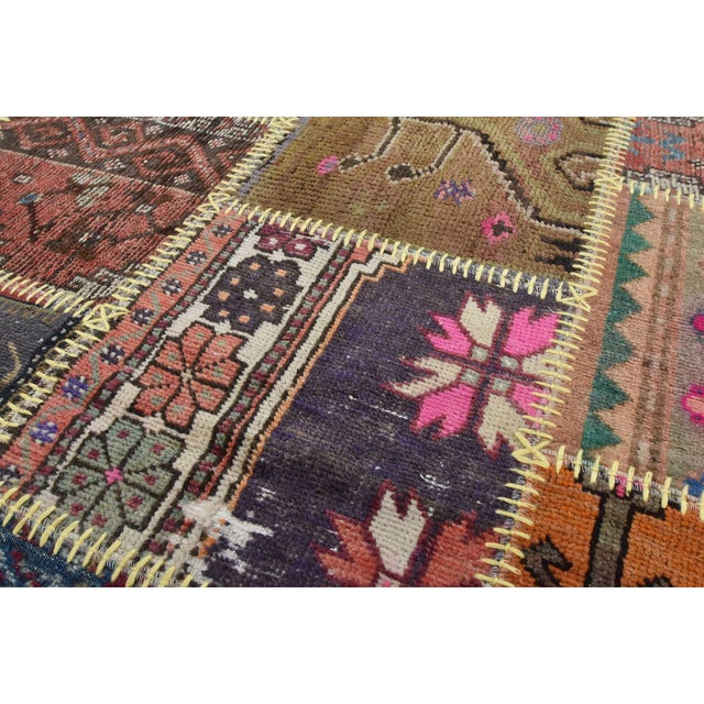 Blue Patchwork Rug 4’1” X 5’11” Multicolor Wool Vintage Hand-Knotted Carpet For Sale - Image 8 of 14