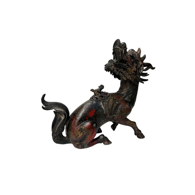 Metal Vintage Rustic Metal Fengshui Kirin Incense Burner Display Art Figures For Sale - Image 7 of 8