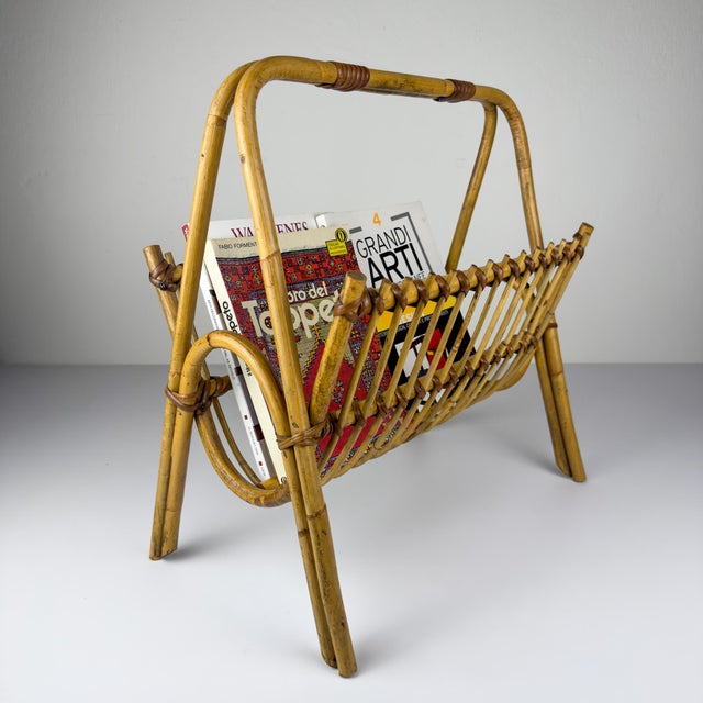 Beige Vintage Bamboo and Vienna Straw Magazine Rack, Italy, 1960s For Sale - Image 8 of 17