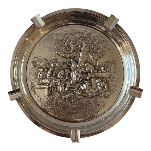 Vintage Silver Plated Ashtray With a Village Scene by Hans Jensen For Sale