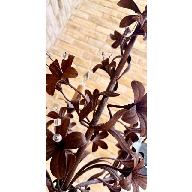 Brown Vintage Italian Tôle Chandelier With Rustic Metal Leaves and Floral Motifs Accented With Crystals, 6 Lights For Sale - Image 8 of 12