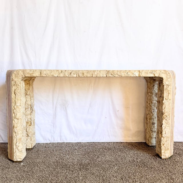 1990s Postmodern Tessellated Beige and Pink Stone Console Table With Brass Inlay For Sale - Image 5 of 10