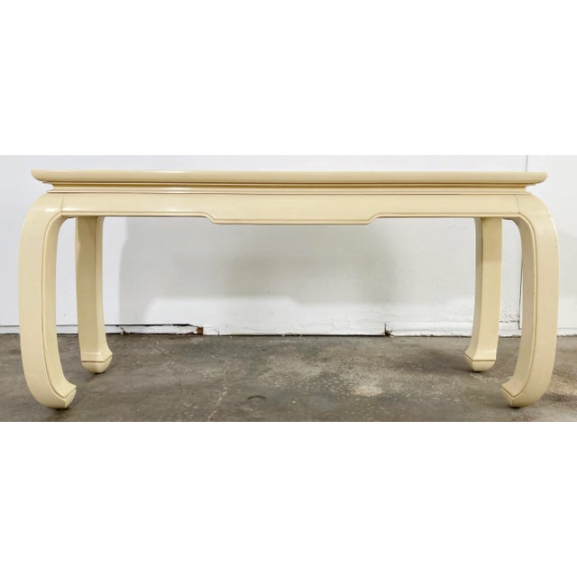 Beautiful craftsmanship to this 1970s Chinoiserie style faux goatskin look console table. Sleek, classic, elegant, and...