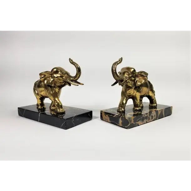 French Art Deco Bookends. Elephant on Marble. Heavy Sturdy Weight.
