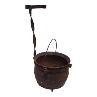 19th Century Cast Iron Handled Cauldron With Stand For Sale