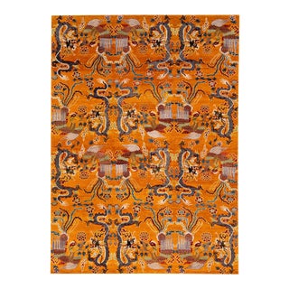 Orange Modern Art Deco Tibetan Handmade Allover Dragon Motif Wool & Silk Rug For Sale