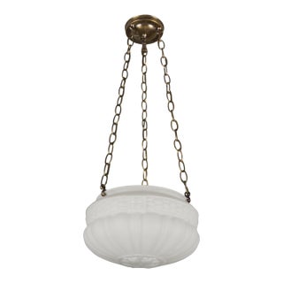 Mid 20th Century Restored White Fluted Glass Bowl Brass Chain Pendant Light For Sale