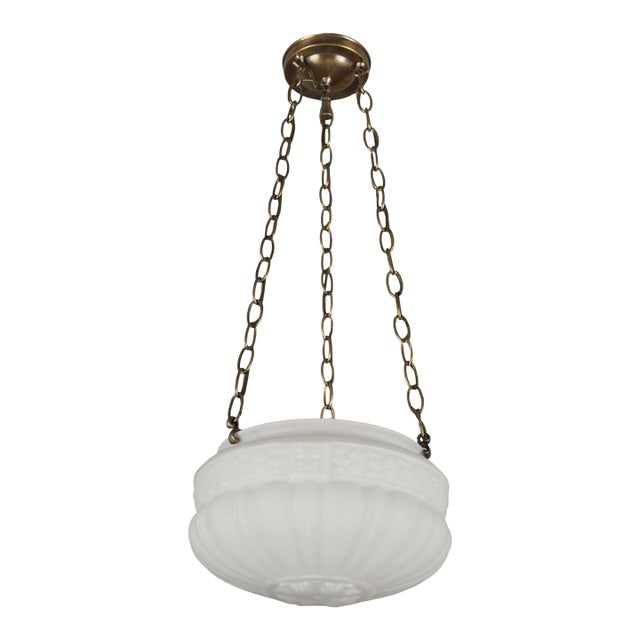 Mid 20th Century Restored White Fluted Glass Bowl Brass Chain Pendant Light For Sale