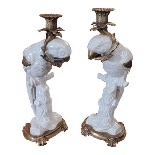 Mid 20th Century White and Brass Porcelain French Style Parrot Candle Holders - a Pair For Sale
