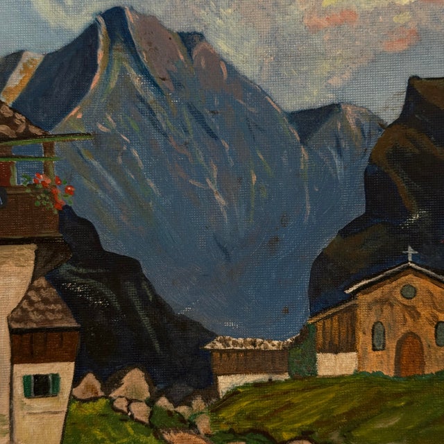 Paint Vintage Original Alpine Village Landscape Oil Painting For Sale - Image 7 of 11