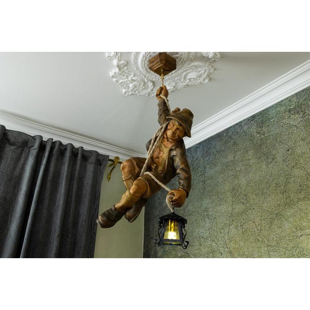 1950s Large German Black Forest Carved Wood Mountaineer with Lantern, 1950s For Sale - Image 5 of 18