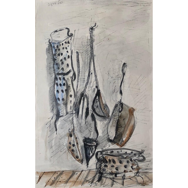 Yosl Bergner, Israeli Yosl Bergner Modernist Watercolor Painting Drawing Pots, Pans For Sale - Image 4 of 10