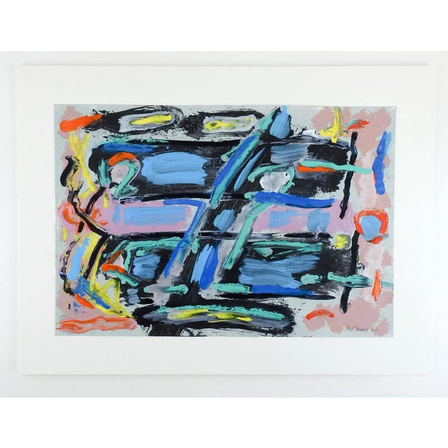 Contemporary Abstract Blue, Black & Pink Jerry Adams Painting on Paper For Sale - Image 3 of 3