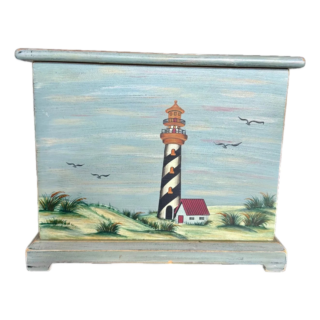 Late 20th Century Hand Painted Lighthouse Wood Box-Coastal Nautical ...