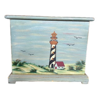 Late 20th Century Hand Painted Lighthouse Wood Box-Coastal Nautical Storage-Cottage-Beach-Keepsake For Sale