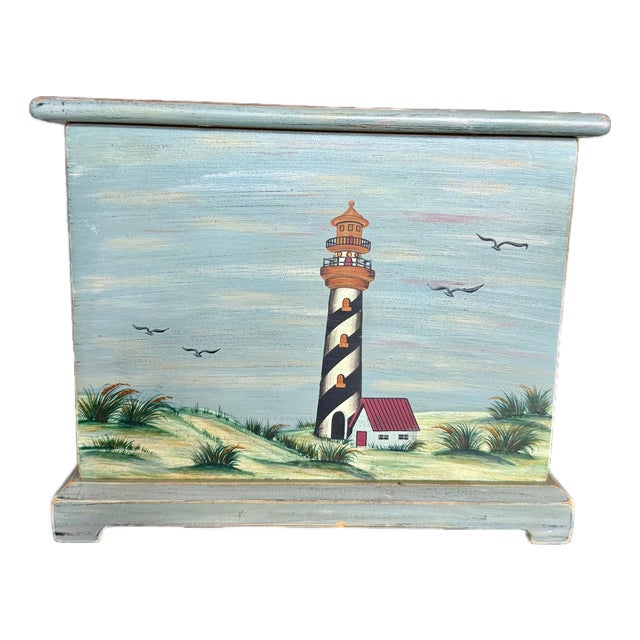 Late 20th Century Hand Painted Lighthouse Wood Box-Coastal Nautical Storage-Cottage-Beach-Keepsake For Sale