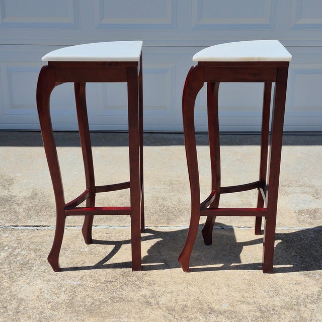 Late 20th Century Carved Red Mahogany Stone Top Corner Tables Pedestals Plant Stands, a Pair For Sale - Image 9 of 15